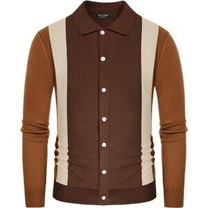 Men's Contrast Stripes Cardigan Sweater Button Down Knit Polo Shirts